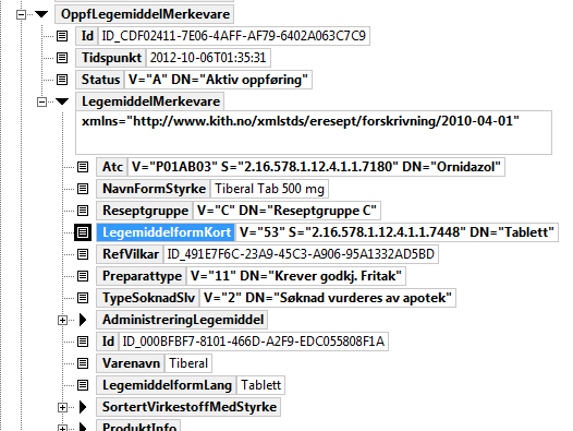 30 Implementeringsveiledning FEST 5 Legemiddelinformasjon I dette kapittelet er det beskrevet hva slags informasjon mottakeren kan forvente å finne i en del sentrale felt i FEST. 5.1 Legemiddelform Legemiddelform slik det er relevant for forskrivning finnes i klassen Legemiddel som attributtet legemiddelform kort (også kalt kortform).