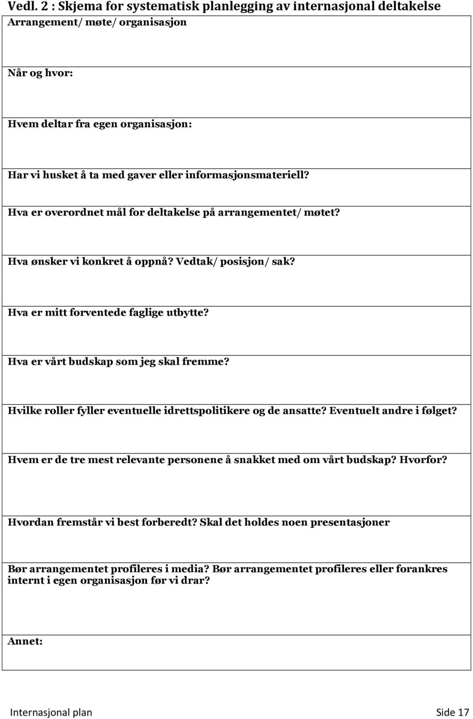 Hva er vårt budskap som jeg skal fremme? Hvilke roller fyller eventuelle idrettspolitikere og de ansatte? Eventuelt andre i følget?