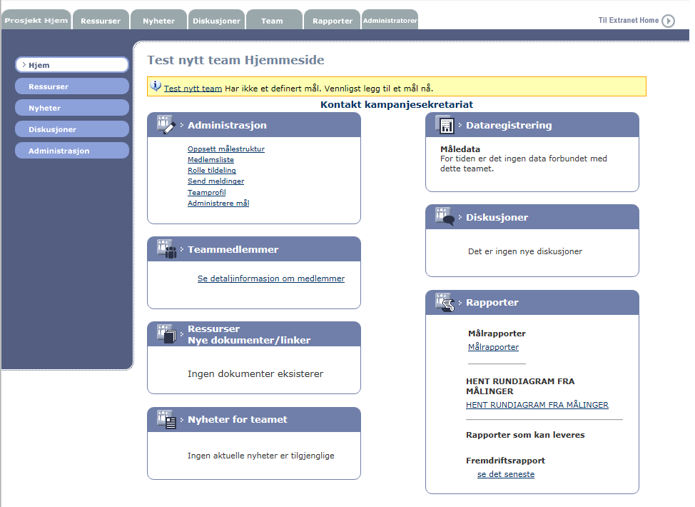 Opprette ny hjemmeside i Extranet Etter at du har opprettet et nytt team tar Extranet deg tilbake til oversikten over alle team.