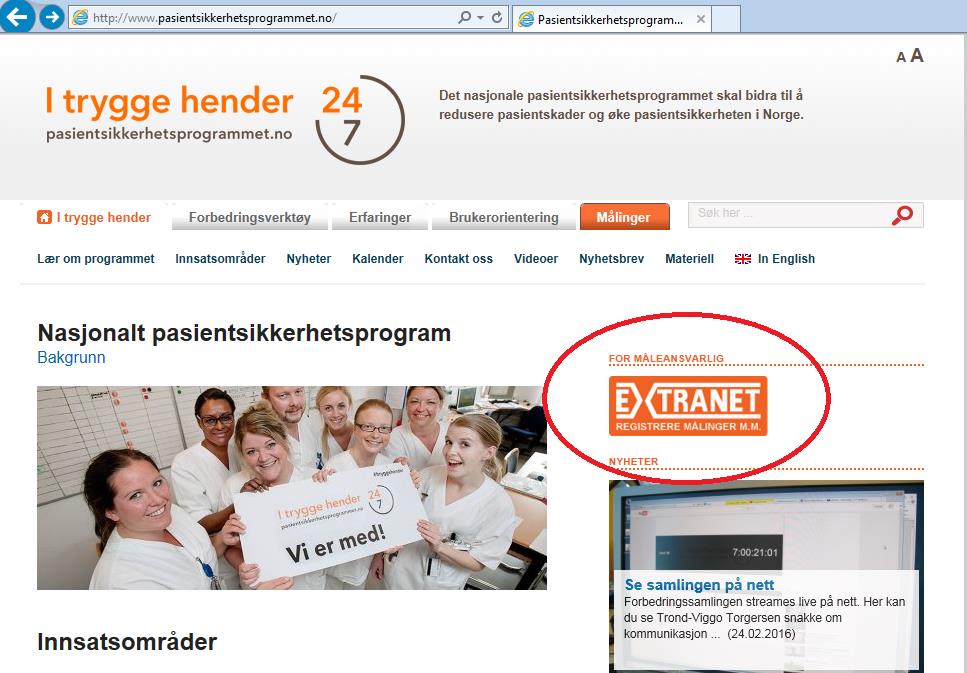 Gå til Extranet via den oransje knappen på pasientsikkerhetsprogrammets