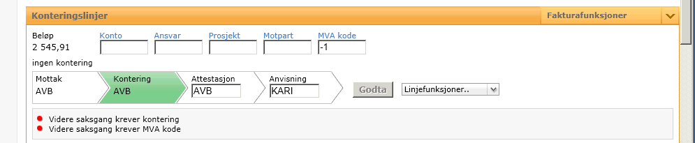 Godkjenne, sende videre til neste saksbehandler For å godkjenne klikk på knappen Godta. Fakturaen får da en elektronisk signatur bestående av initialer, dato og klokkeslett.