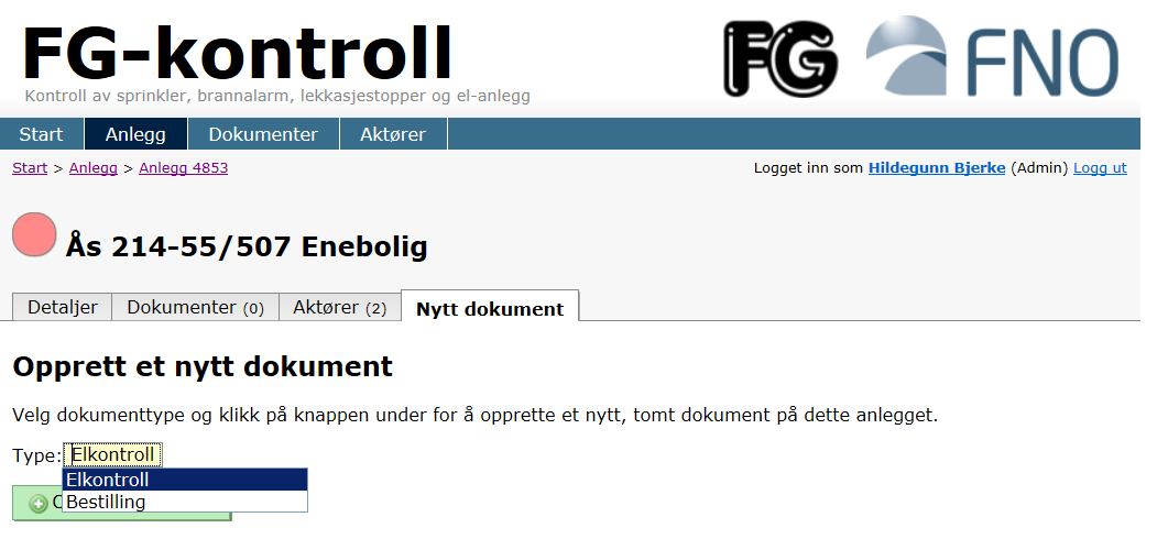 Opprette et nytt dokument - elkontroll Velg type: Under Type vil det komme opp de