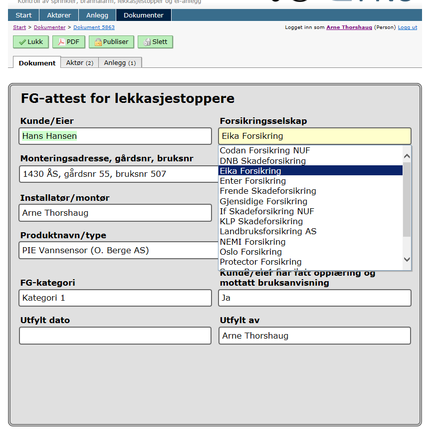 Her er det automatisk lagt til noen opplysninger som tidligere er registrert.