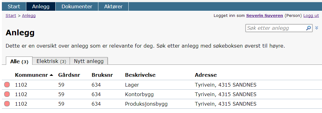 Dokumenter I dette eksemplet er det ingen dokumenter som er tilgjengelig for denne testkontrolløren. Anlegg Her er kontrollørens registrerte anlegg.