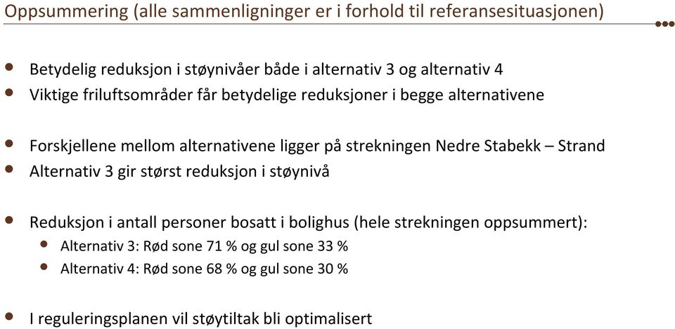 Stabekk Strand Alternativ 3 gir størst reduksjon i støynivå Reduksjon i antall personer bosatt i bolighus (hele strekningen oppsummert):