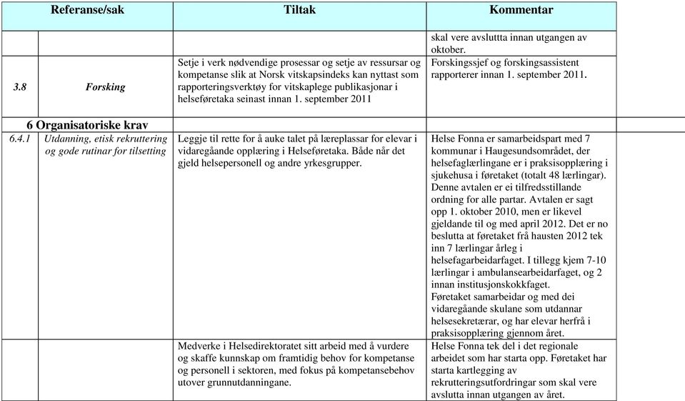 for vitskaplege publikasjonar i helseføretaka seinast innan 1. september 2011 Leggje til rette for å auke talet på læreplassar for elevar i vidaregåande opplæring i Helseføretaka.