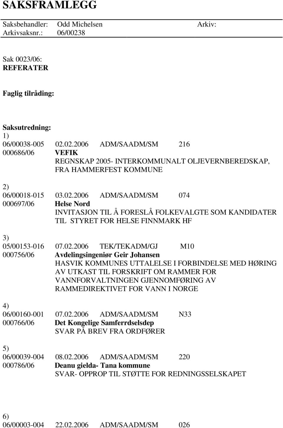 Avdelingsingeniør Geir Johansen HASVIK KOMMUNES UTTALELSE I FORBINDELSE MED HØRING AV UTKAST TIL FORSKRIFT OM RAMMER FOR VANNFORVALTNINGEN GJENNOMFØRING AV RAMMEDIREKTIVET FOR VANN I NORGE 4)