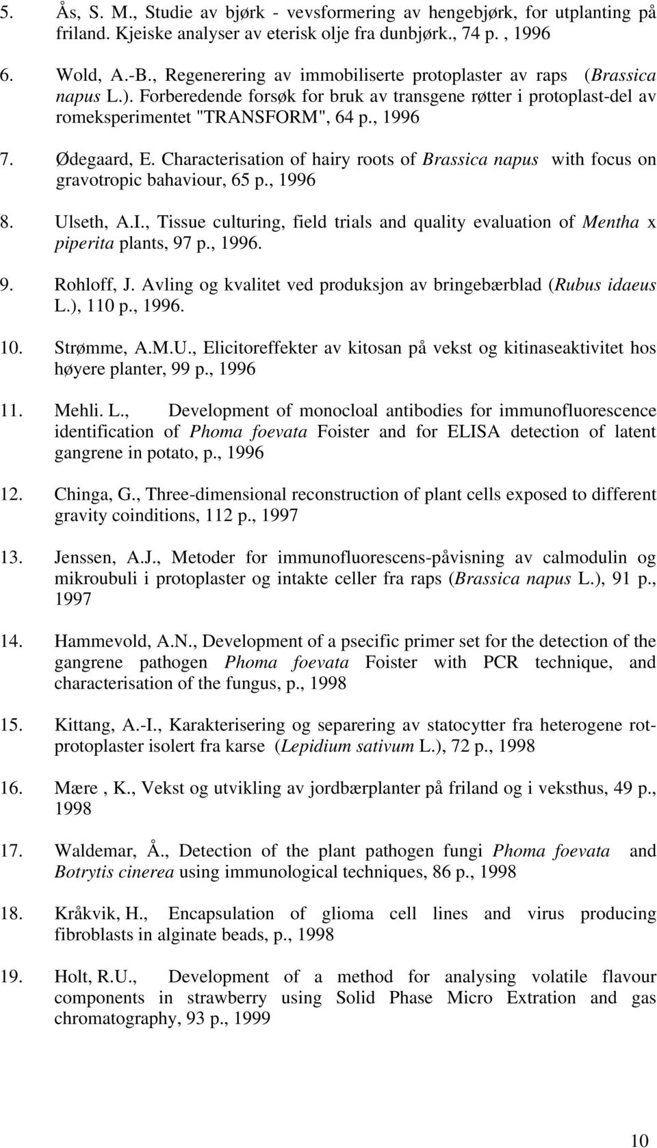 Characterisation of hairy roots of Brassica napus with focus on gravotropic bahaviour, 65 p., 1996 8. Ulseth, A.I.