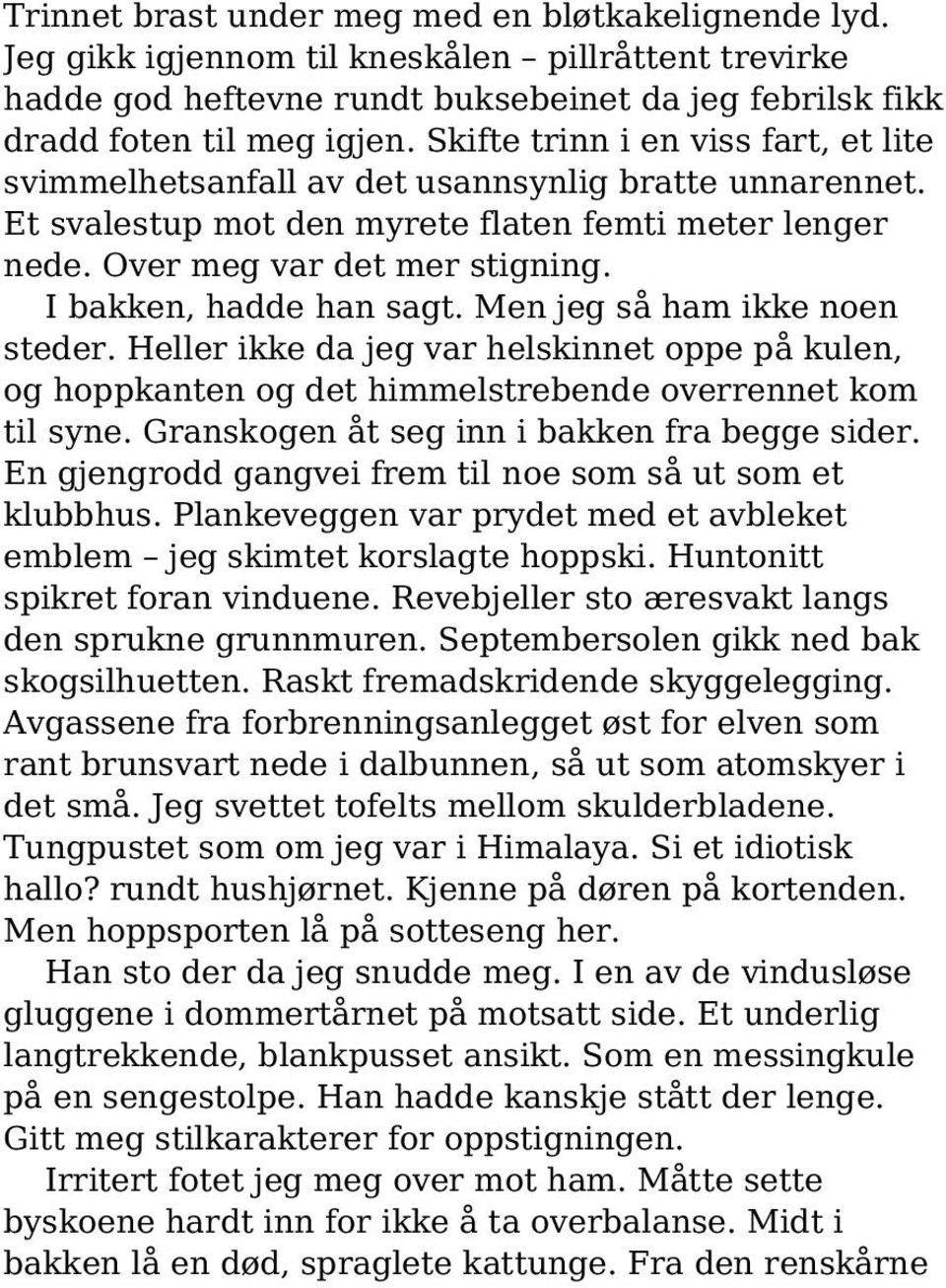 I bakken, hadde han sagt. Men jeg så ham ikke noen steder. Heller ikke da jeg var helskinnet oppe på kulen, og hoppkanten og det himmelstrebende overrennet kom til syne.