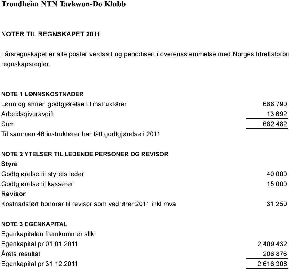 NOTE 1 LØNNSKOSTNADER Lønn og annen godtgjørelse til instruktører 668 790 Arbeidsgiveravgift 13 692 Sum 682 482 Til sammen 46 instruktører har fått godtgjørelse i 2011