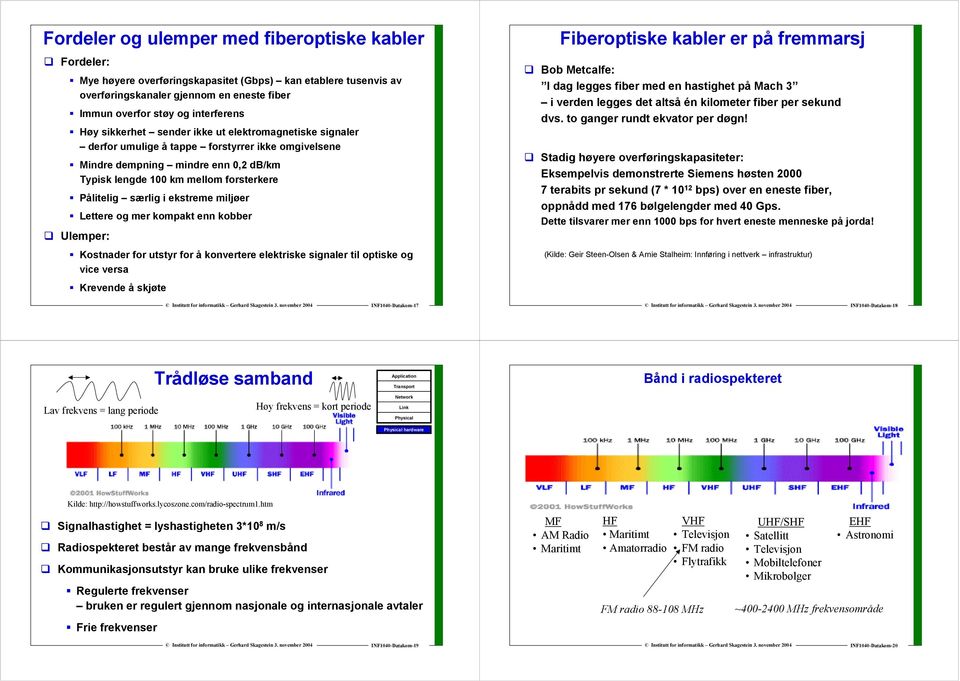 ekstreme miljøer Lettere og mer kompakt enn kobber Ulemper: Kostnader for utstyr for å konvertere elektriske signaler til optiske og vice versa Krevende å skjøte Fiberoptiske kabler er på fremmarsj