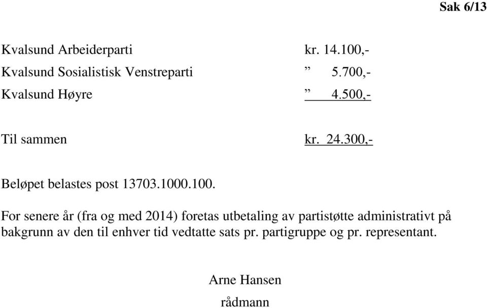 .100. For senere år (fra og med 2014) foretas utbetaling av partistøtte administrativt på