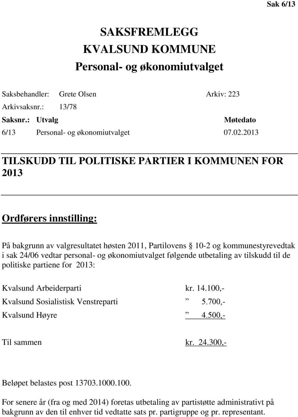 økonomiutvalget følgende utbetaling av tilskudd til de politiske partiene for 2013: Kvalsund Arbeiderparti kr. 14.100,- Kvalsund Sosialistisk Venstreparti 5.700,- Kvalsund Høyre 4.500,- Til sammen kr.