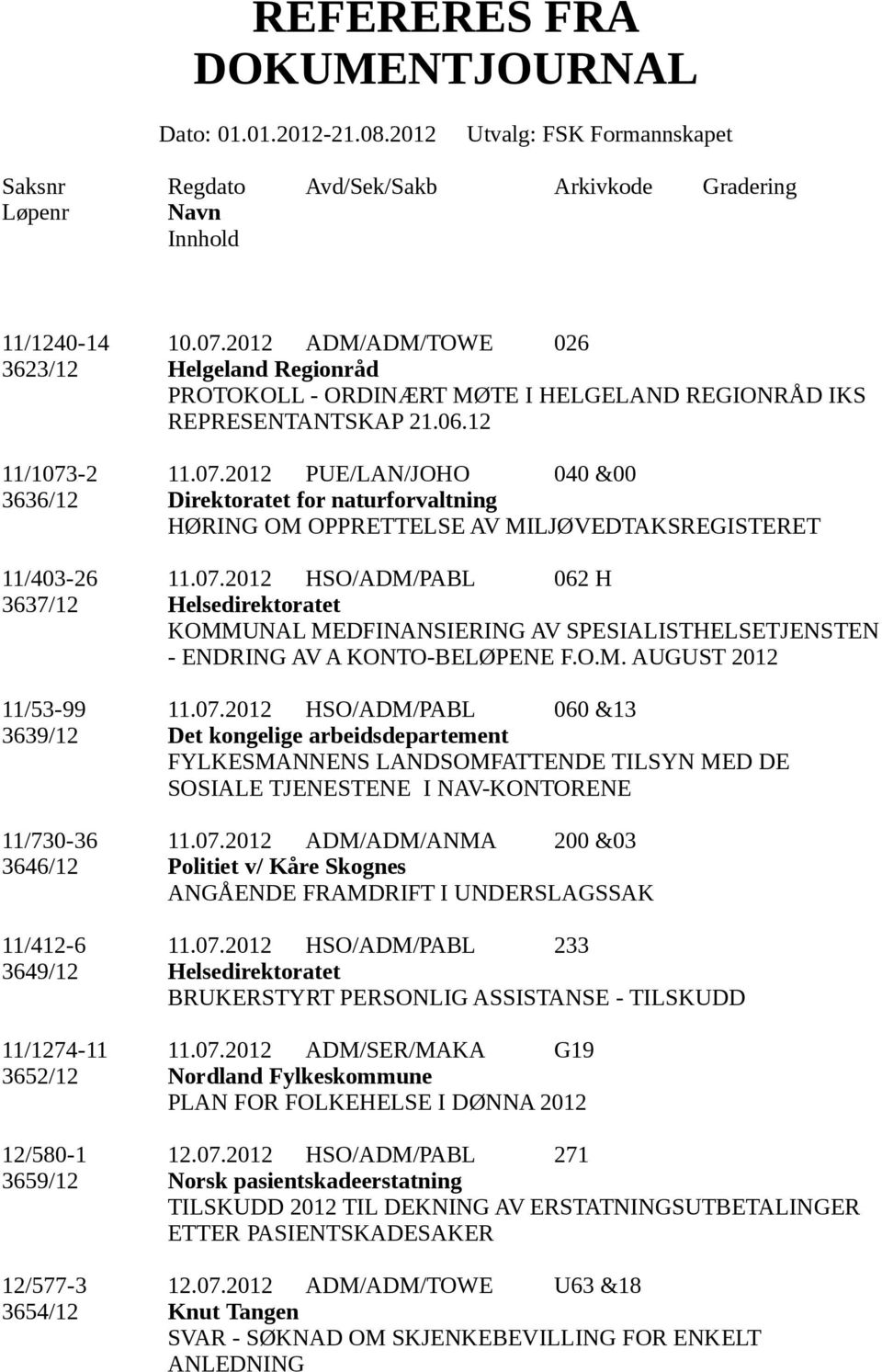 07.2012 ADM/ADM/ANMA 200 &03 3646/12 Politiet v/ Kåre Skognes ANGÅENDE FRAMDRIFT I UNDERSLAGSSAK 11/412-6 11.07.2012 HSO/ADM/PABL 233 3649/12 Helsedirektoratet BRUKERSTYRT PERSONLIG ASSISTANSE - TILSKUDD 11/1274-11 11.