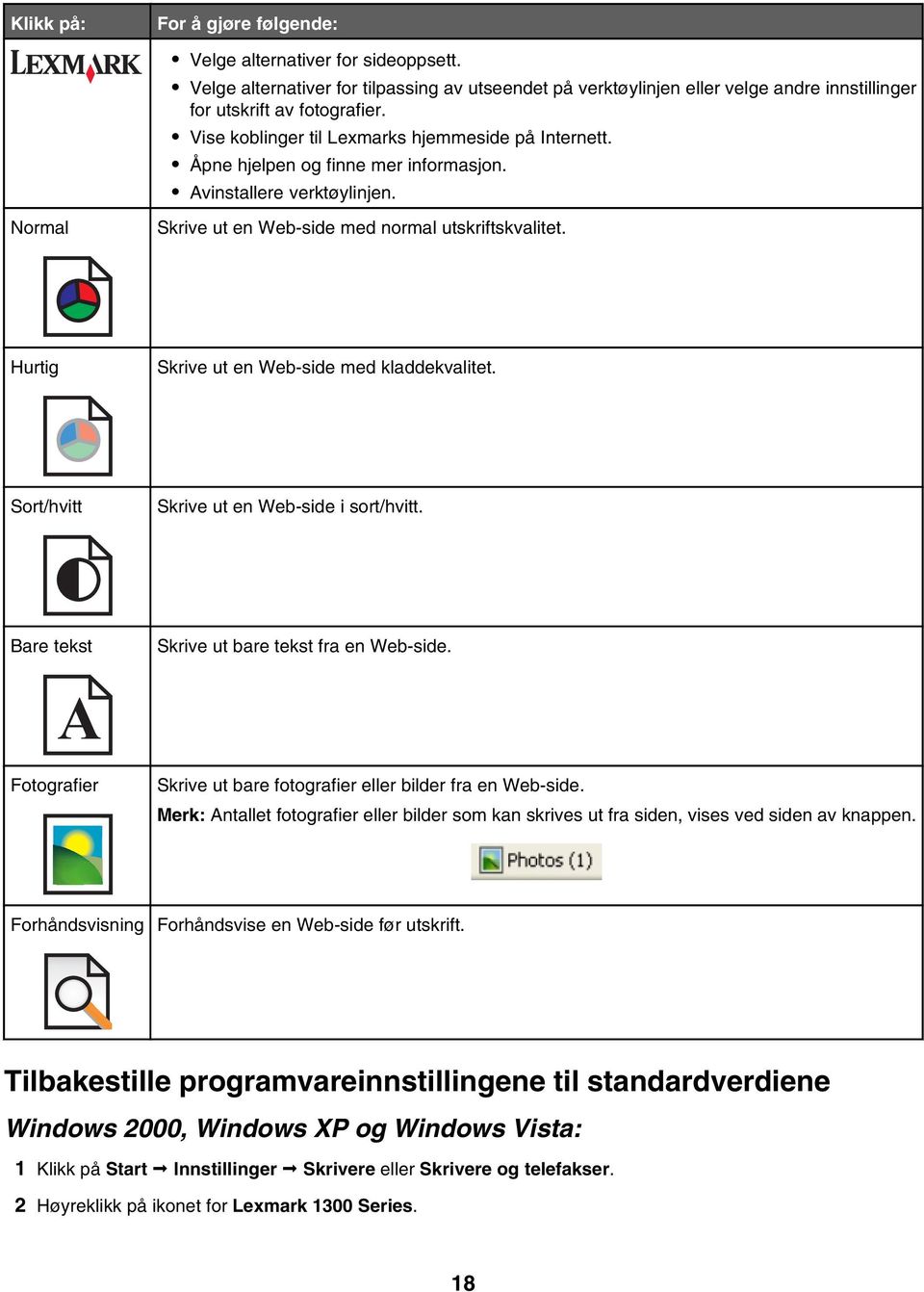 Hurtig Skrive ut en Web-side med kladdekvalitet. Sort/hvitt Skrive ut en Web-side i sort/hvitt. Bare tekst A Fotografier Skrive ut bare tekst fra en Web-side.