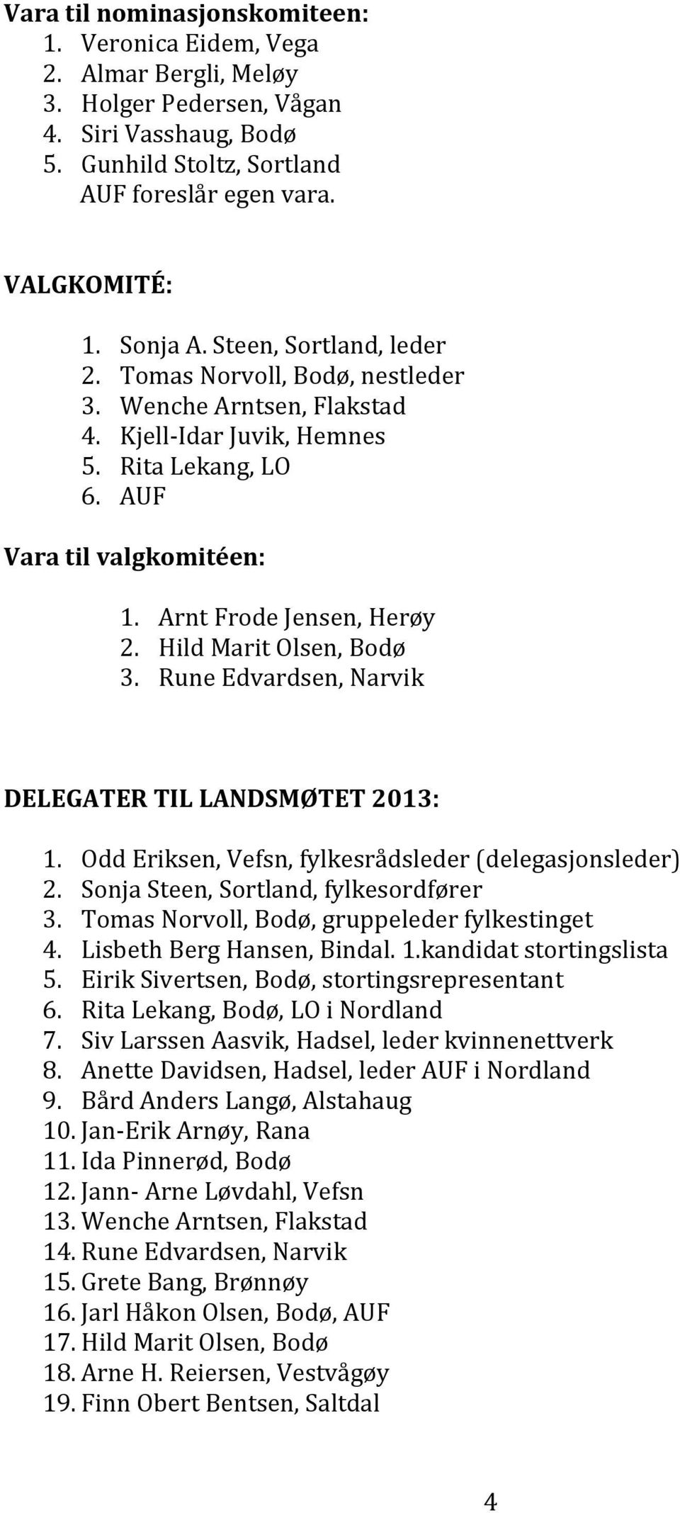 Arnt Frode Jensen, Herøy 2. Hild Marit Olsen, Bodø 3. Rune Edvardsen, Narvik DELEGATER TIL LANDSMØTET 2013: 1. Odd Eriksen, Vefsn, fylkesrådsleder (delegasjonsleder) 2.