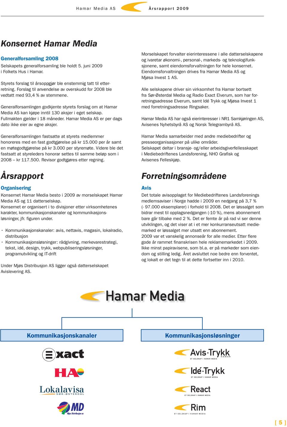 Generalforsamlingen godkjente styrets forslag om at Hamar Media AS kan kjøpe inntil 130 aksjer i eget selskap. Fullmakten gjelder i 18 måneder.