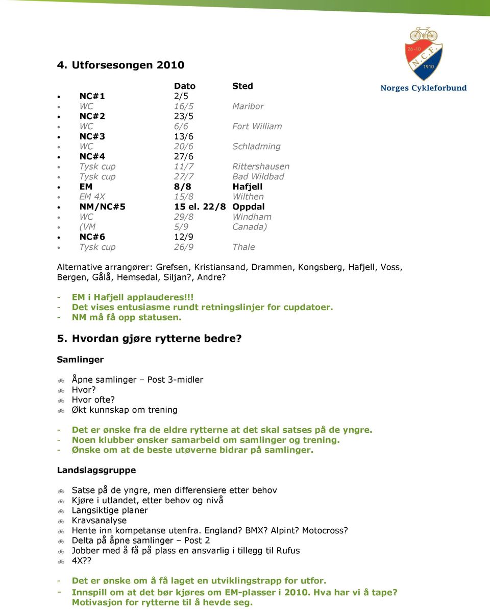 22/8 Oppdal WC 29/8 Windham (VM 5/9 Canada) NC#6 12/9 Tysk cup 26/9 Thale Alternative arrangører: Grefsen, Kristiansand, Drammen, Kongsberg, Hafjell, Voss, Bergen, Gålå, Hemsedal, Siljan?, Andre?