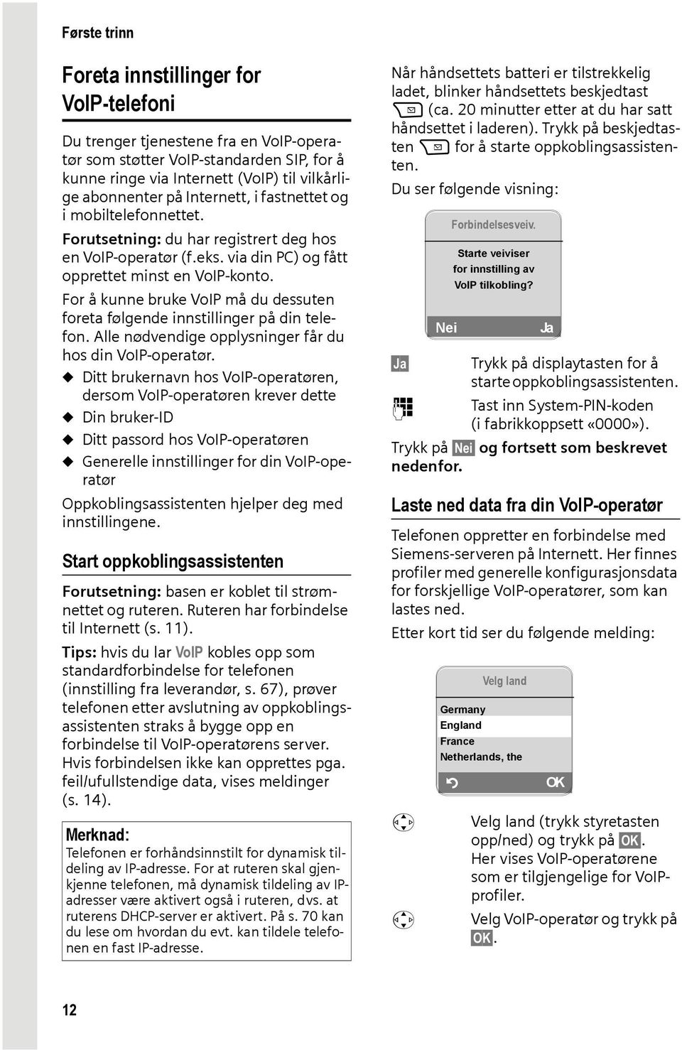 For å kunne bruke VoIP må du dessuten foreta følgende innstillinger på din telefon. Alle nødvendige opplysninger får du hos din VoIP-operatør.