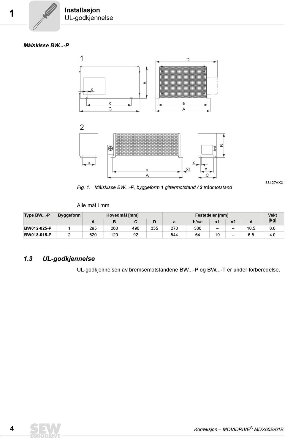 ..-P Byggeform Hovedmål [mm] Festedeler [mm] Vekt A B C D a b/c/e x x2 d [kg] BW02-025-P 295 260 490 355 270 380 0.