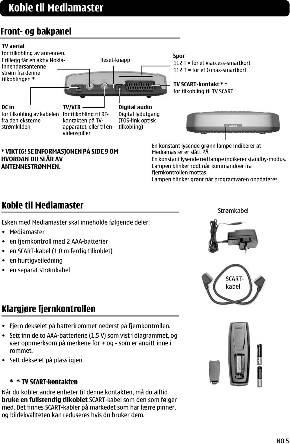 TV SCART DC in for tilkobling av kabelen fra den eksterne strømkilden TV/VCR for tilkobling til RFkontakten på TVapparatet, eller til en videospiller Digital audio Digital lydutgang (TOS-link optisk