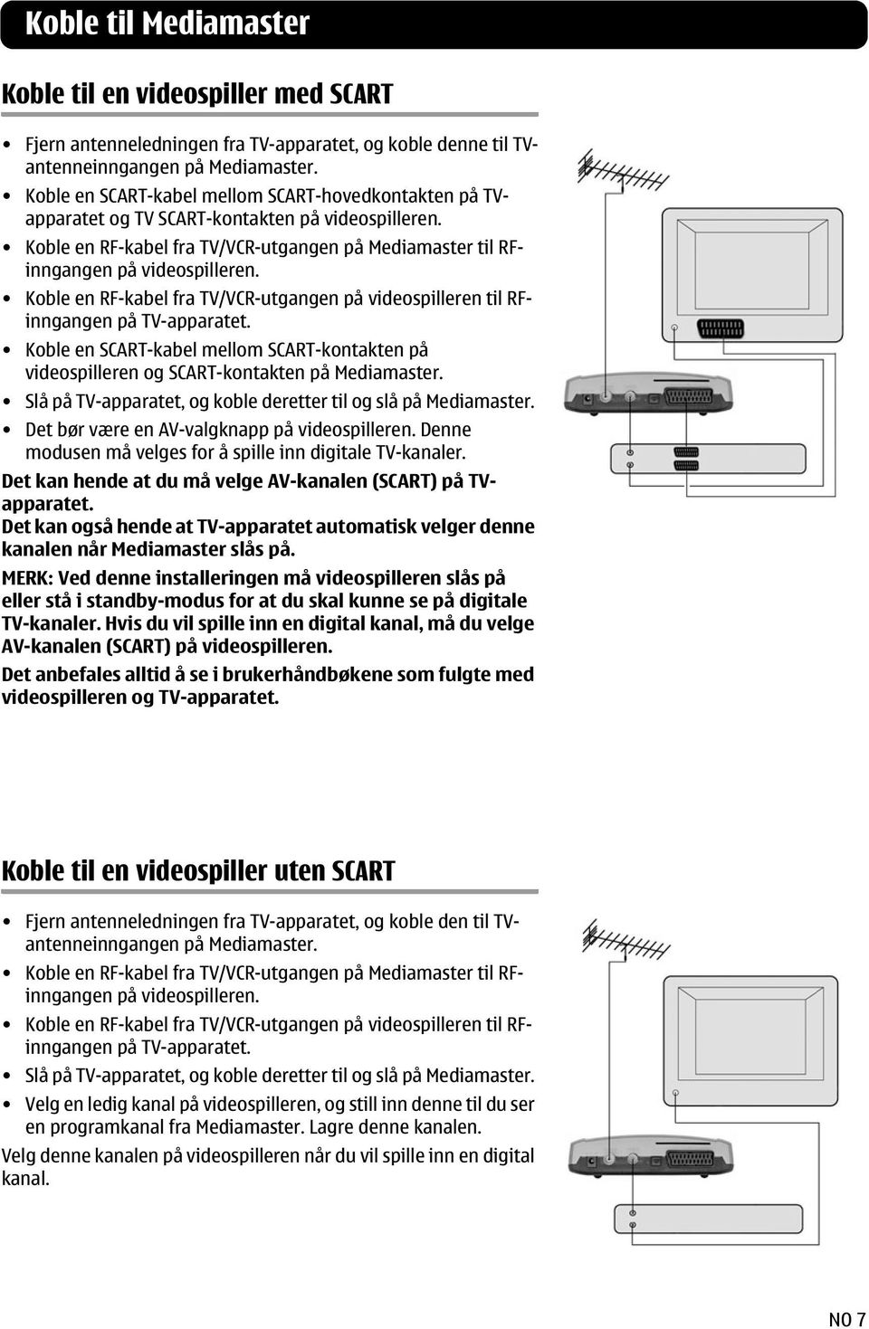 Koble en RF-kabel fra TV/VCR-utgangen på videospilleren til RFinngangen på TV-apparatet. Koble en SCART-kabel mellom SCART-kontakten på videospilleren og SCART-kontakten på Mediamaster.