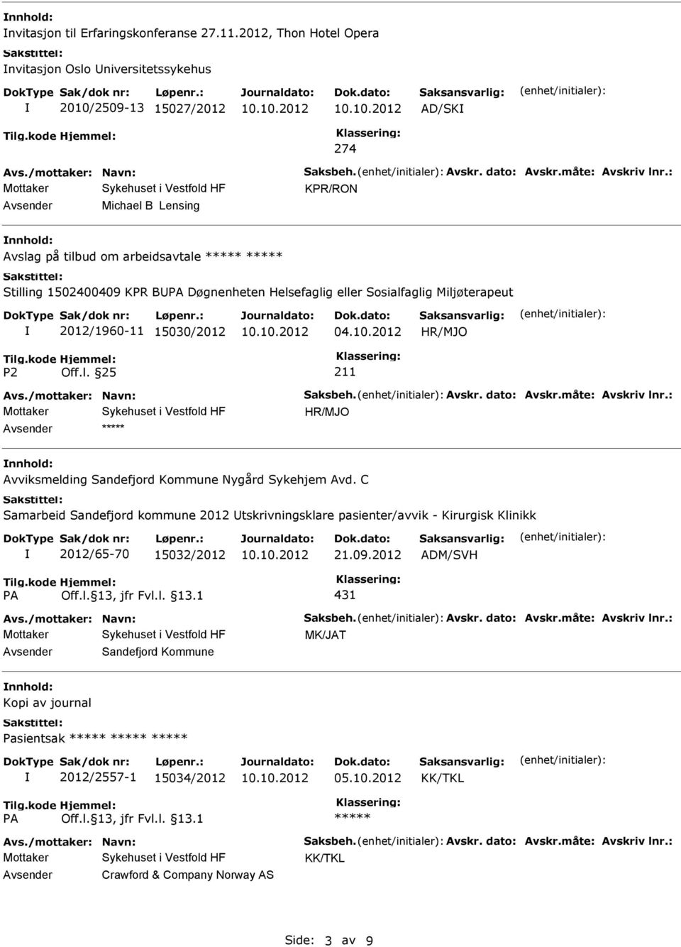 10.2012 211 Avs./mottaker: Navn: Saksbeh. Avskr. dato: Avskr.måte: Avskriv lnr.: nnhold: Avviksmelding Sandefjord Kommune Nygård Sykehjem Avd.