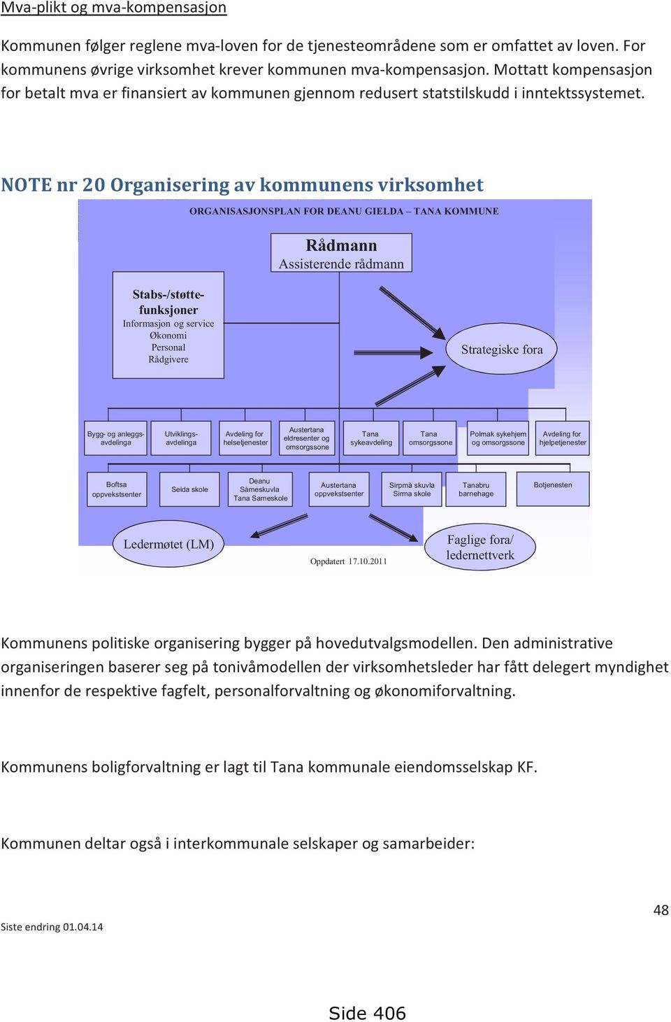 NOTE nr 20 Organisering av kommunens virksomhet ORGANISASJONSPLAN FOR DEANU GIELDA TANA KOMMUNE Rådmann Assisterende rådmann Stabs-/støttefunksjoner Informasjon og service Økonomi Personal Rådgivere