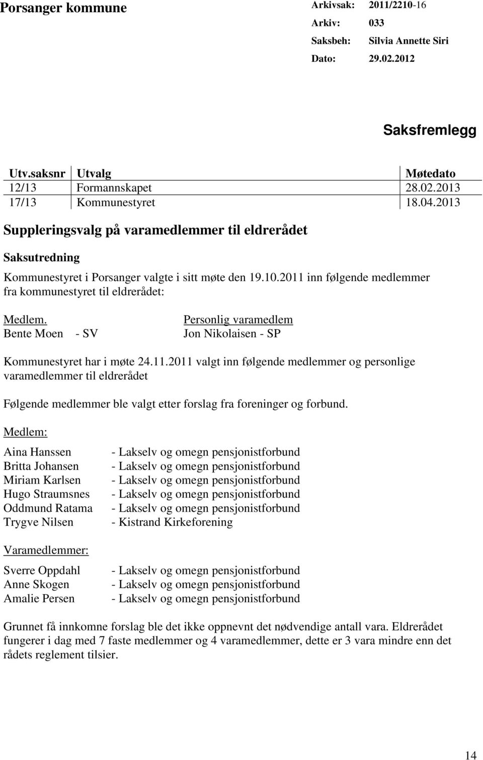 Bente Moen - SV Personlig varamedlem Jon Nikolaisen - SP Kommunestyret har i møte 24.11.