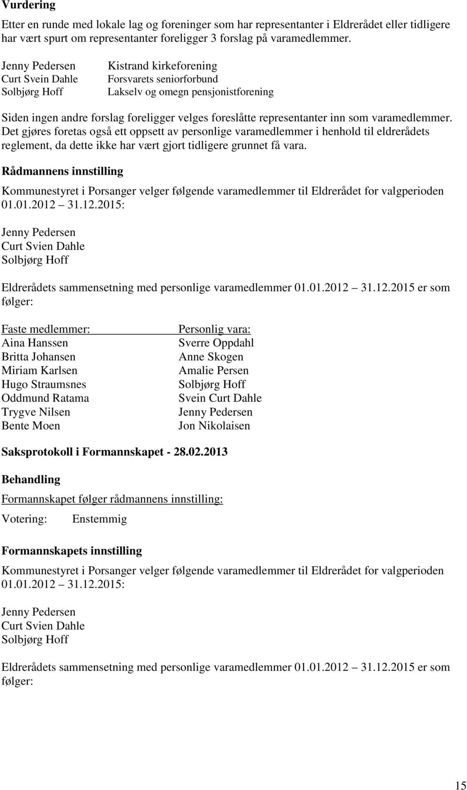 inn som varamedlemmer. Det gjøres foretas også ett oppsett av personlige varamedlemmer i henhold til eldrerådets reglement, da dette ikke har vært gjort tidligere grunnet få vara.