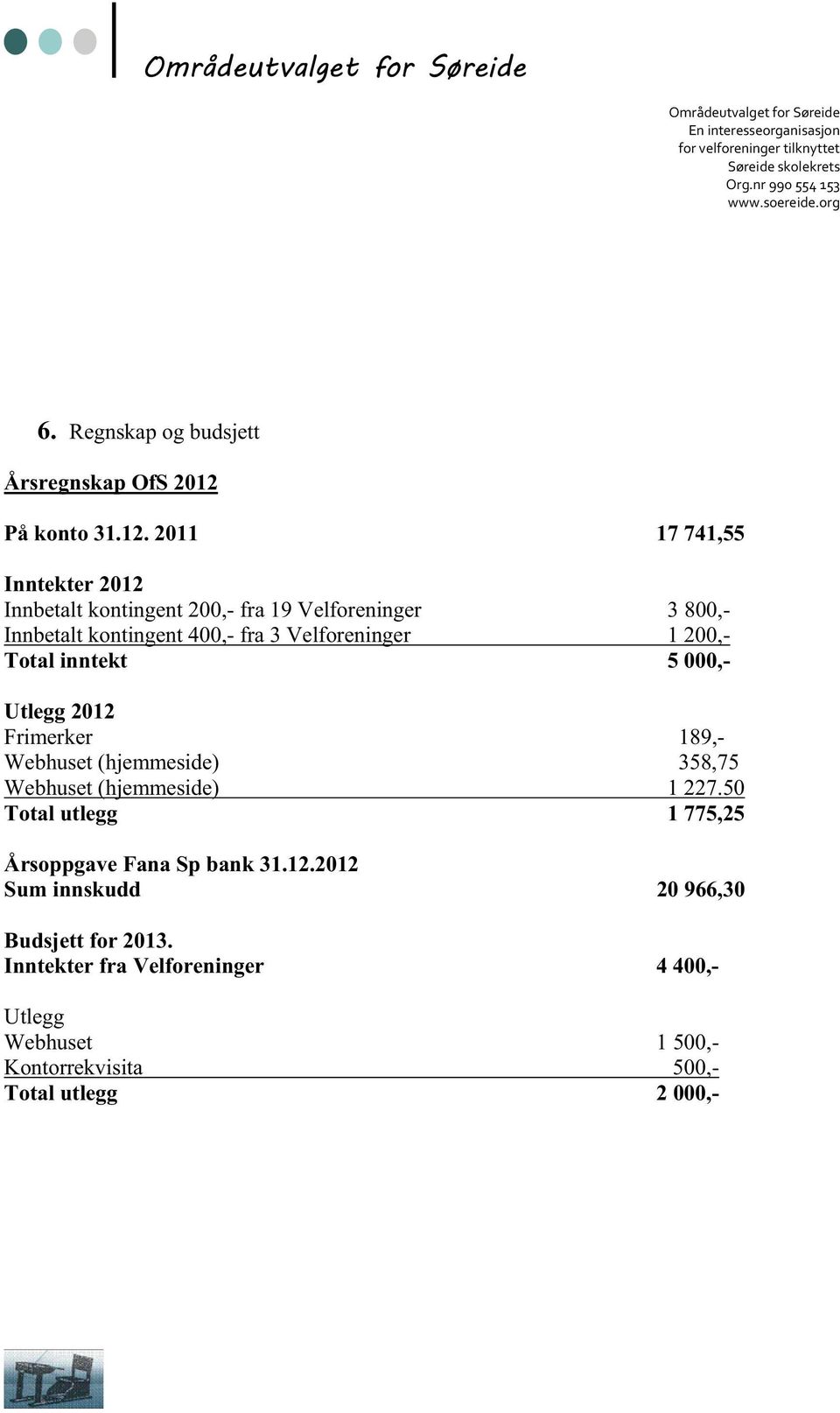 2011 17 741,55 Inntekter 2012 Innbetalt kontingent 200,- fra 19 Velforeninger 3 800,- Innbetalt kontingent 400,- fra 3 Velforeninger 1 200,-