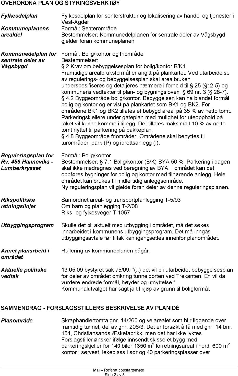 tjenester i Vest-Agder Formål: Senterområde Bestemmelser: Kommunedelplanen for sentrale deler av Vågsbygd gjelder foran kommuneplanen Formål: Bolig/kontor og friområde Bestemmelser: 2 Krav om