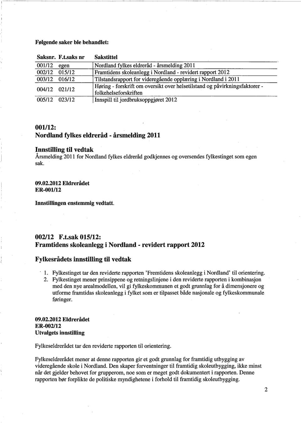 saks nr 001/12 egen 002112 015112 003112 016/12 004/12 021112 005/12 023112 Sakstittel Nordland fylkes eldreråd - årsmelding 2011 Framtidens skoleanlegg i Nordland - revidert rapport 2012