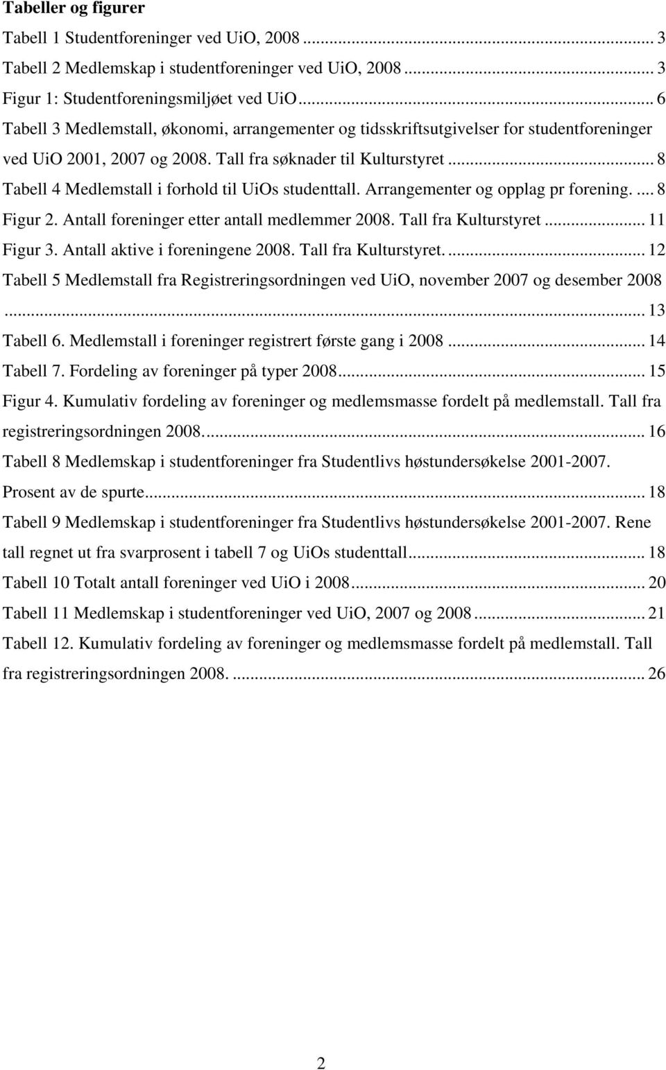 .. 8 Tabell 4 Medlemstall i forhold til UiOs studenttall. Arrangementer og opplag pr forening.... 8 Figur 2. Antall foreninger etter antall medlemmer 2008. Tall fra Kulturstyret... 11 Figur 3.