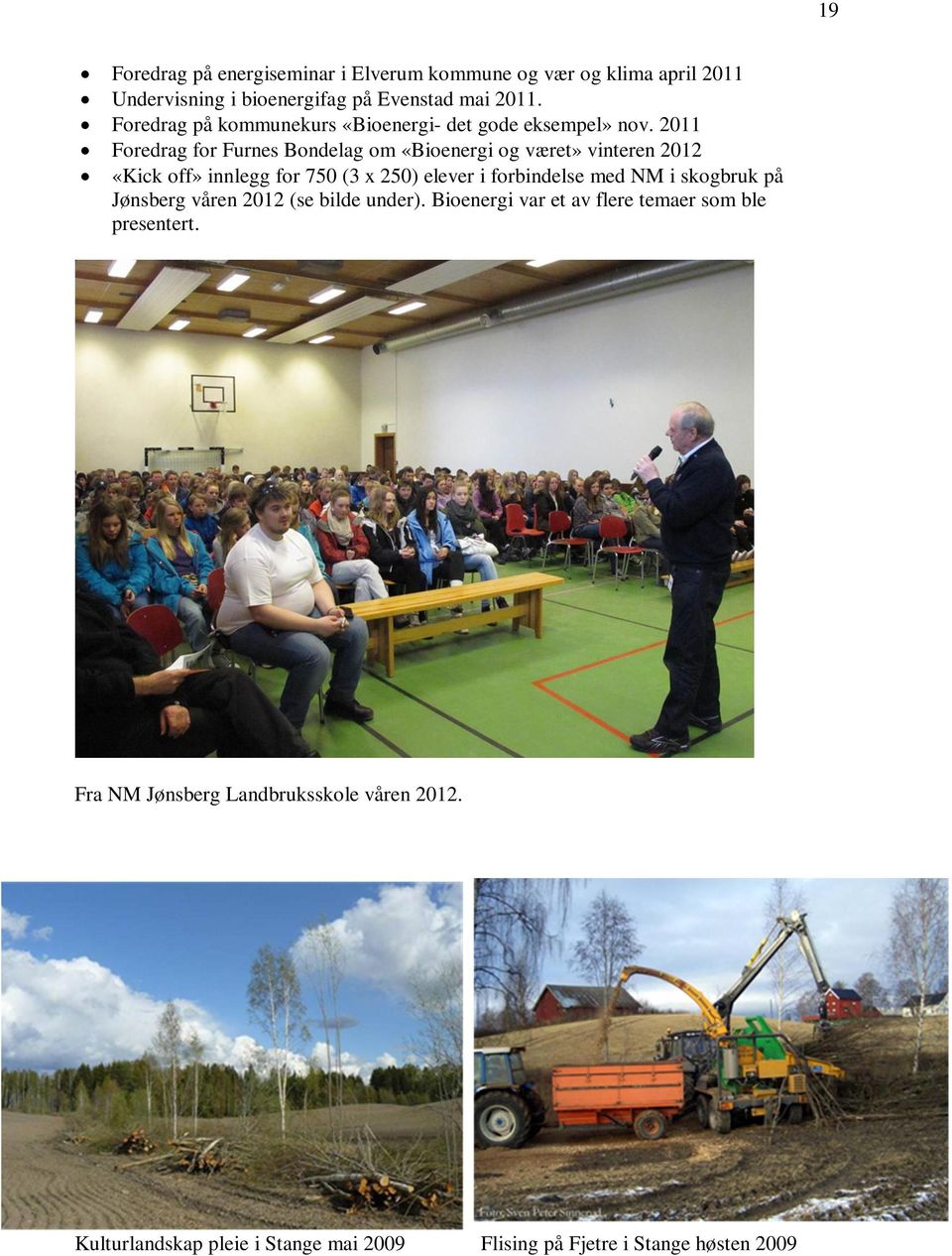 2011 Foredrag for Furnes Bondelag om «Bioenergi og været» vinteren 2012 «Kick off» innlegg for 750 (3 x 250) elever i forbindelse med NM
