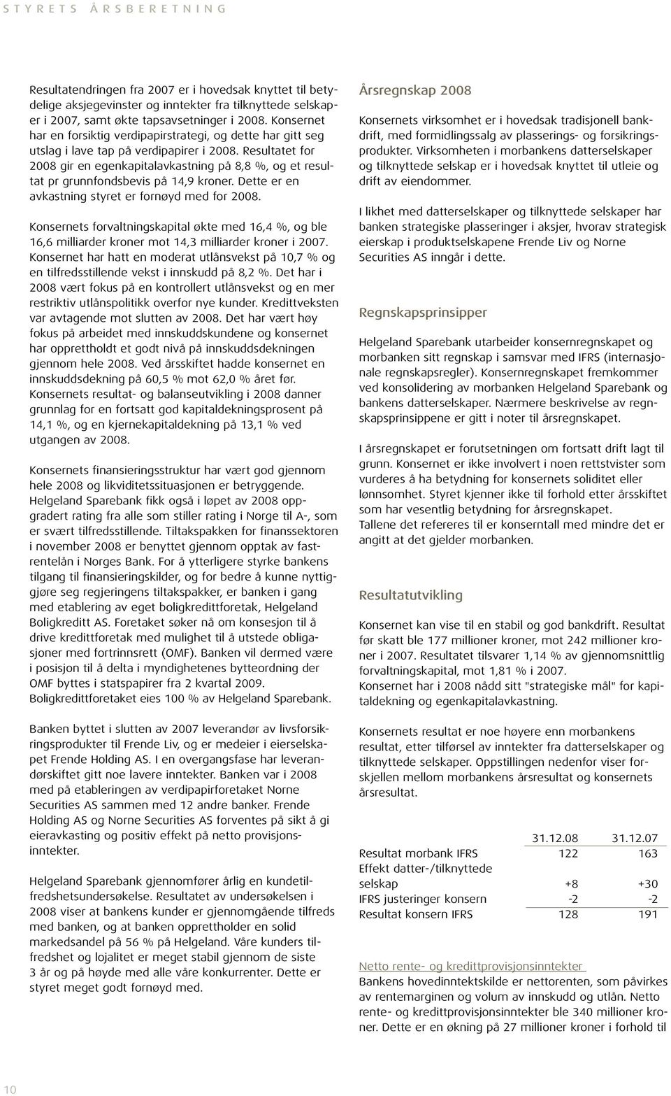 Resultatet for 2008 gir en egenkapitalavkastning på 8,8 %, og et resultat pr grunnfondsbevis på 14,9 kroner. Dette er en avkastning styret er fornøyd med for 2008.