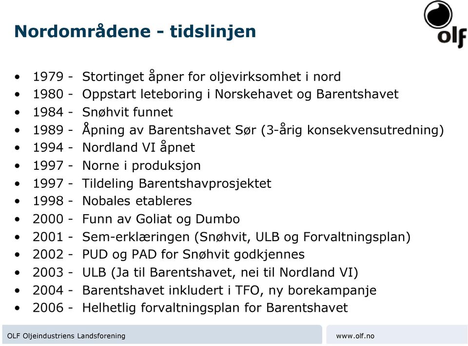 1998 - Nobales etableres 2000 - Funn av Goliat og Dumbo 2001 - Sem-erklæringen (Snøhvit, ULB og Forvaltningsplan) 2002 - PUD og PAD for Snøhvit godkjennes