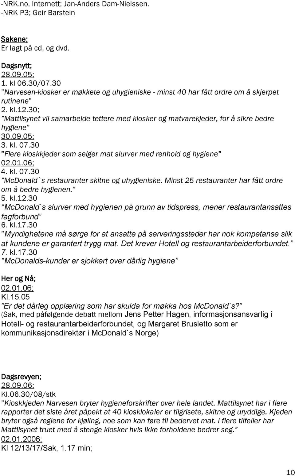 30; Mattilsynet vil samarbeide tettere med kiosker og matvarekjeder, for å sikre bedre hygiene 30.09.05; 3. kl. 07.30 Flere kioskkjeder som selger mat slurver med renhold og hygiene 02.01.06; 4. kl. 07.30 McDonald`s restauranter skitne og uhygieniske.