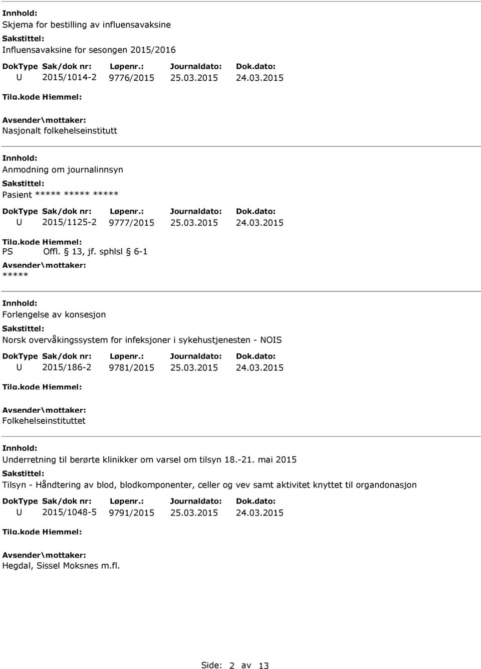 sykehustjenesten - NOS 2015/186-2 9781/2015 Folkehelseinstituttet nderretning til berørte klinikker om varsel om tilsyn 18.-21.
