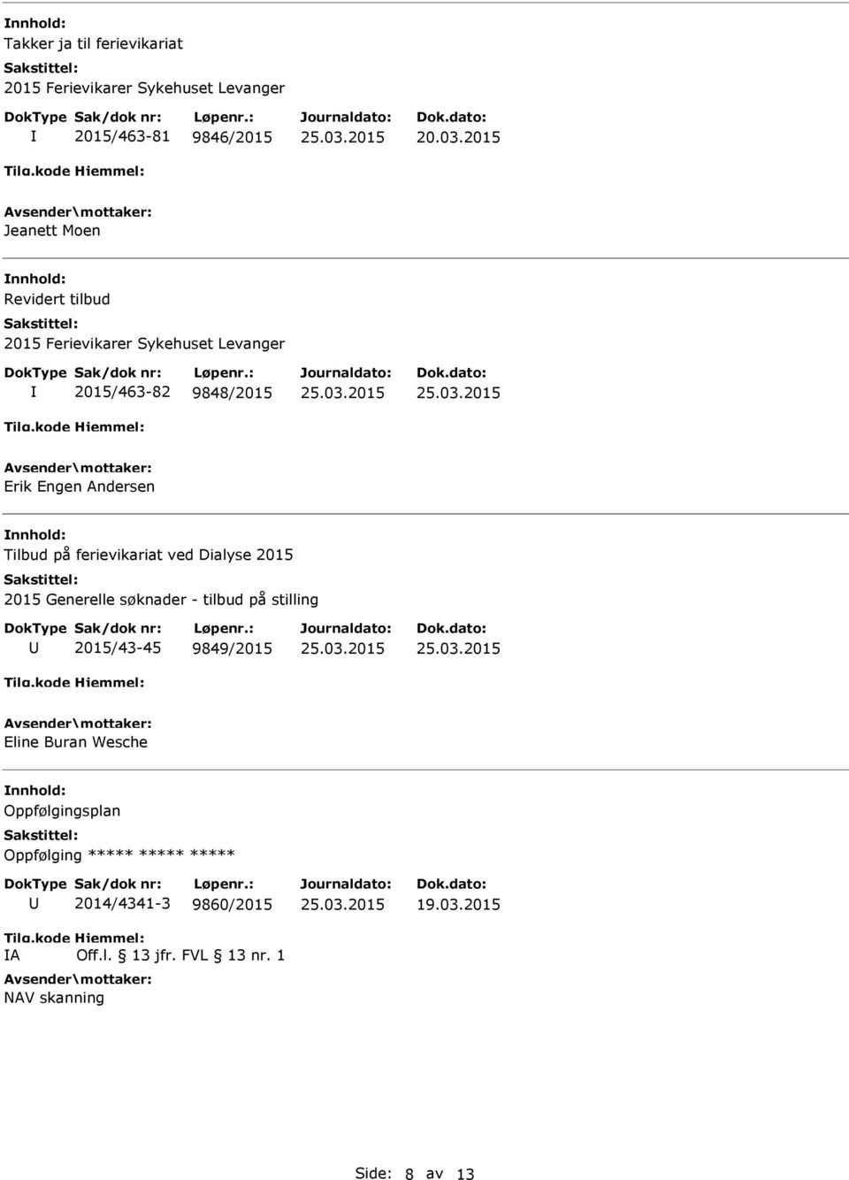 Tilbud på ferievikariat ved Dialyse 2015 2015 Generelle søknader - tilbud på stilling 2015/43-45 9849/2015 Eline