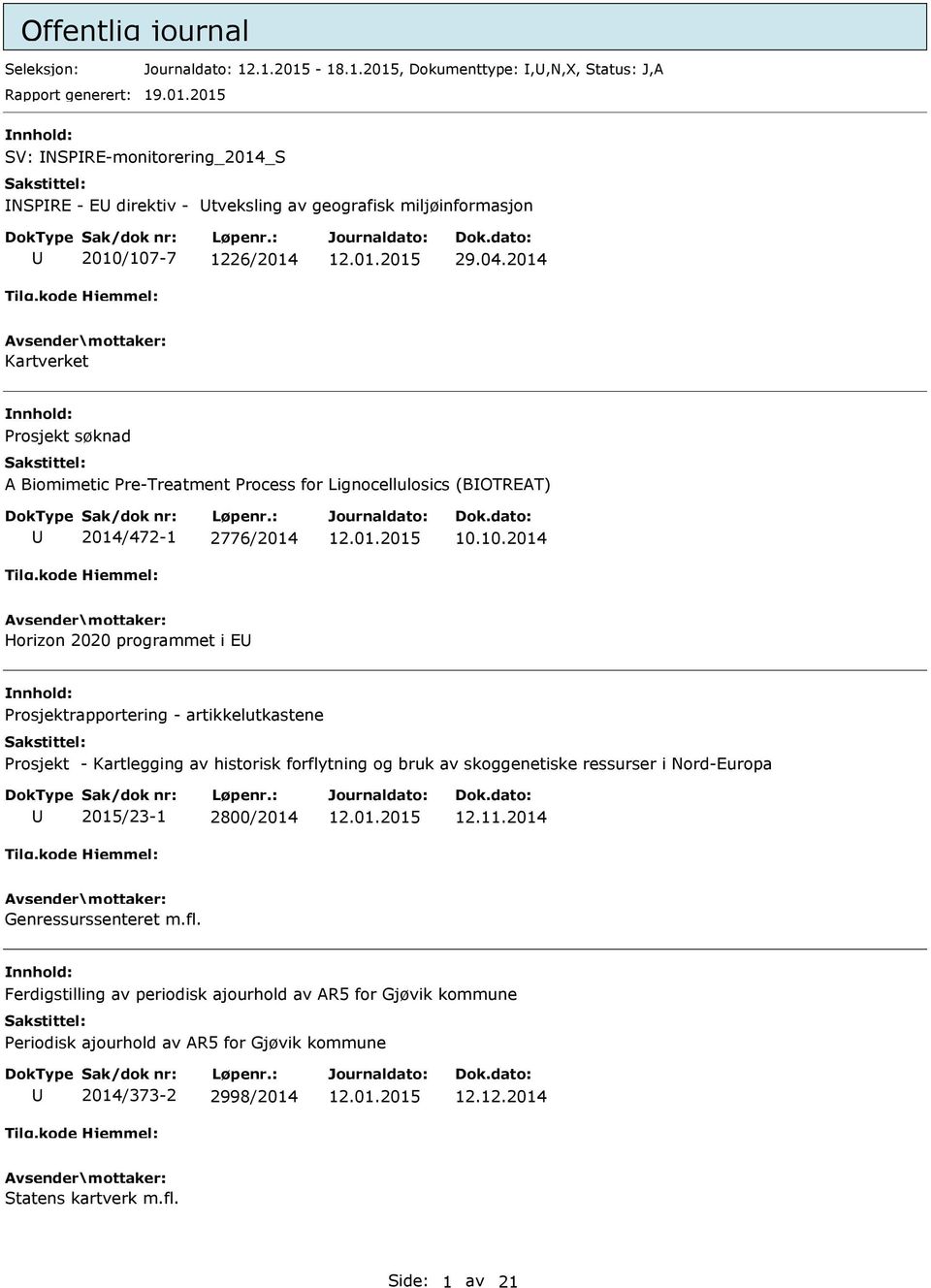 10.2014 Horizon 2020 programmet i E Prosjektrapportering - artikkelutkastene Prosjekt - Kartlegging av historisk forflytning og bruk av skoggenetiske ressurser i Nord-Europa 2015/23-1