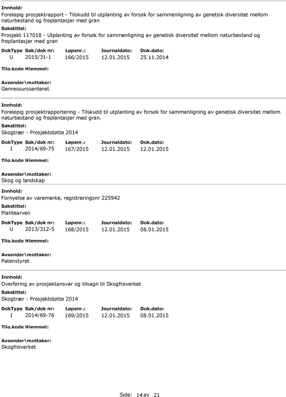 2014 Genressurssenteret Foreløpig prosjektrapportering - Tilskudd til utplanting av forsøk for sammenligning av genetisk diversitet mellom naturbestand og frøplantasjer med gran.