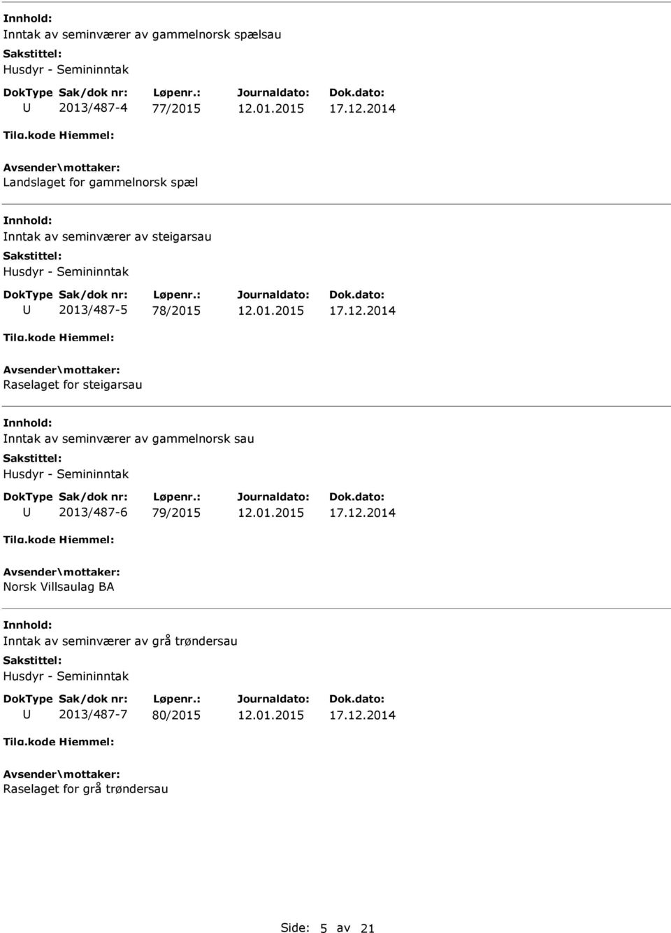 2014 Raselaget for steigarsau nntak av seminværer av gammelnorsk sau Husdyr - Semininntak 2013/487-6 79/2015 17.12.