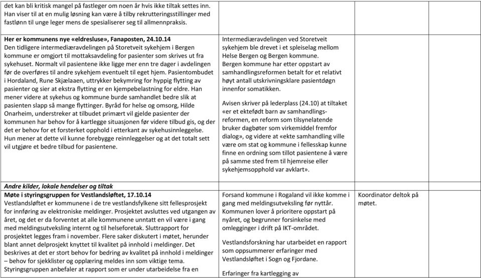 10.14 Den tidligere intermediæravdelingen på Storetveit sykehjem i Bergen kommune er omgjort til mottaksavdeling for pasienter som skrives ut fra sykehuset.