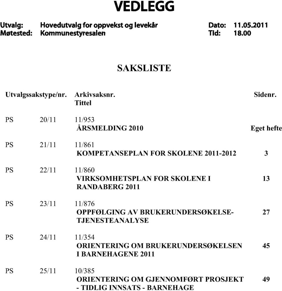 Eget hefte PS 21/11 11/861 KOMPETANSEPLAN FOR SKOLENE 2011-2012 3 PS 22/11 11/860 VIRKSOMHETSPLAN FOR SKOLENE I RANDABERG 2011 PS 23/11