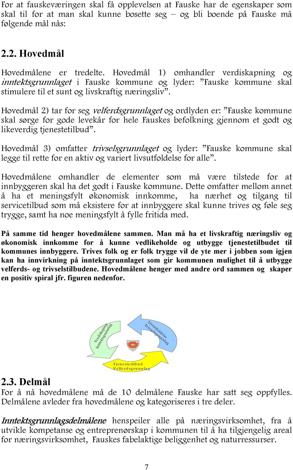 Hovedmål 2) tar for seg velferdsgrunnlaget og ordlyden er: Fauske kommune skal sørge for gode levekår for hele Fauskes befolkning gjennom et godt og likeverdig tjenestetilbud.