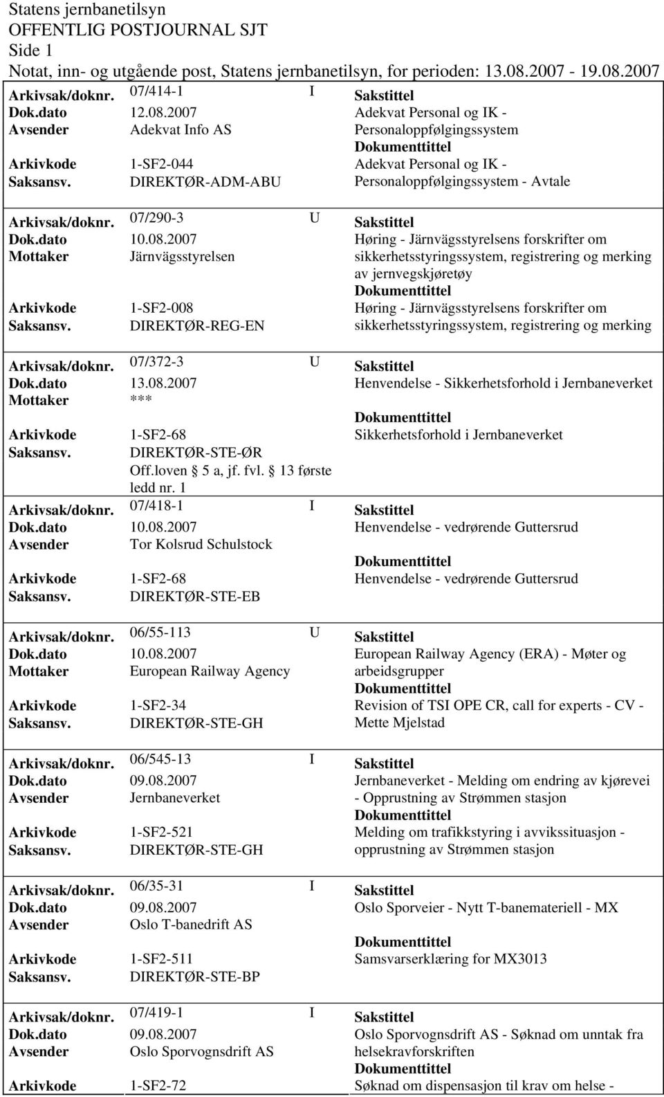 07/290-3 U Sakstittel Høring - Järnvägsstyrelsens forskrifter om Mottaker Järnvägsstyrelsen sikkerhetsstyringssystem, registrering og merking av jernvegskjøretøy Høring - Järnvägsstyrelsens