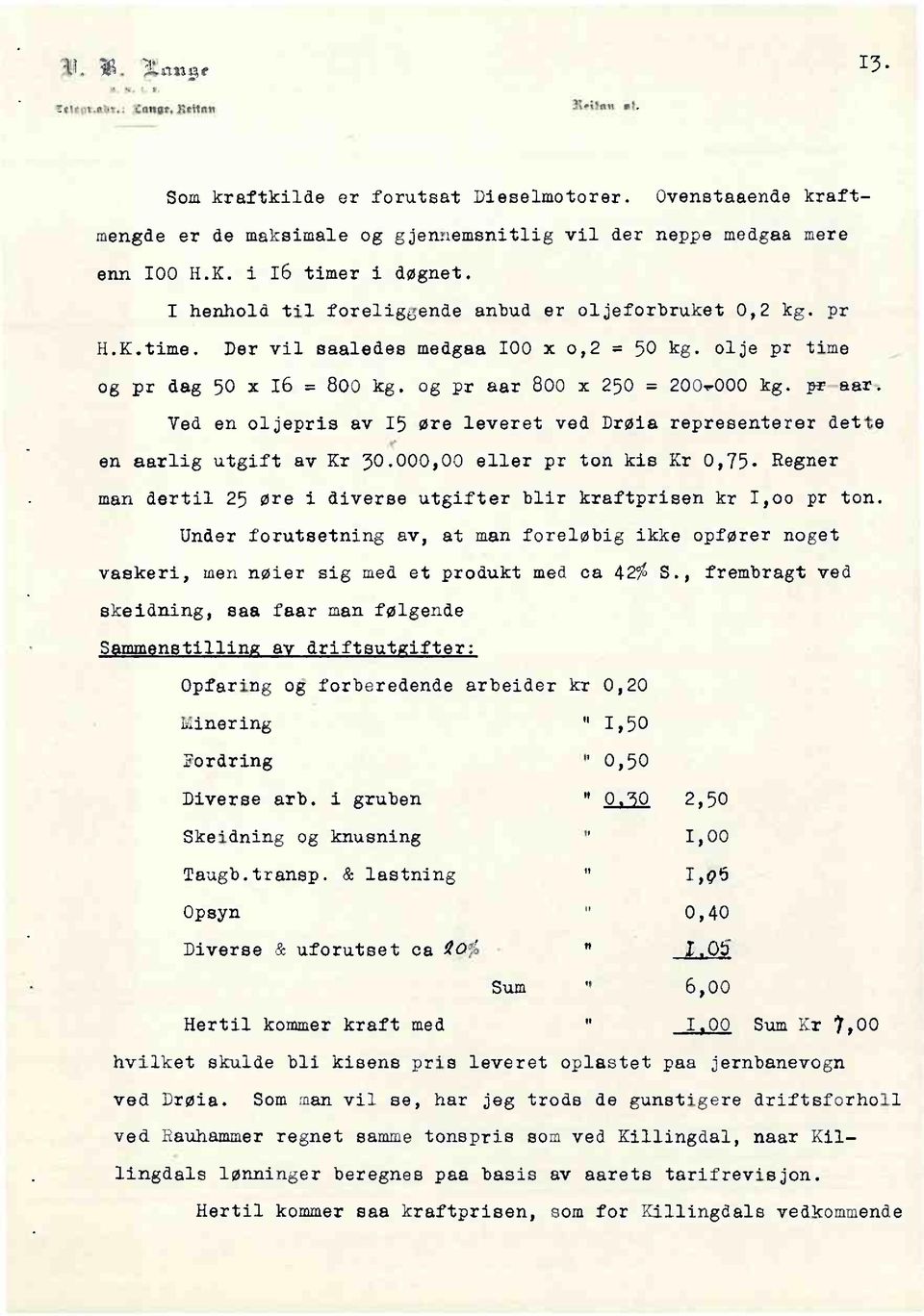 -000kg. pr sar. Ved en olepris av 15 øre leveret ved Drøia representererdette en aarlig utgift av Kr 30.000,00 eller pr ton kis Kr 0,75.