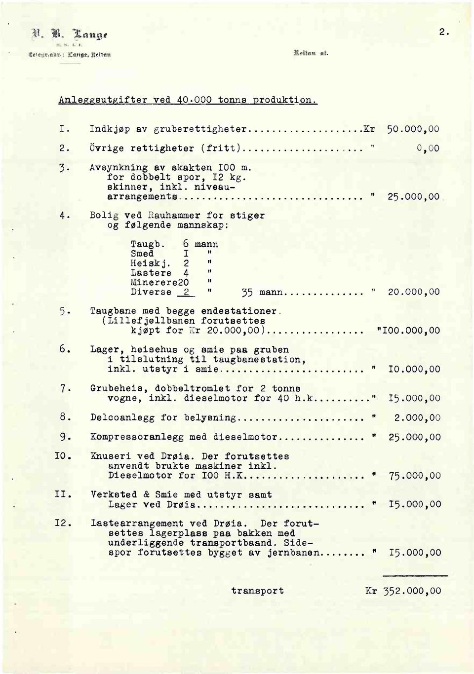 2 " Lastere 4 " Minerere20 " Diverse 2 " 35 mann " 20.000,00 5 Taugbane med begge endestationer. (Lillefellbanenforutsettes køpt for Yr 20.000,00) "100.