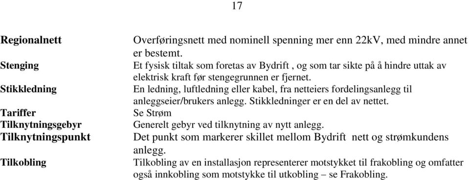 En ledning, luftledning eller kabel, fra netteiers fordelingsanlegg til anleggseier/brukers anlegg. Stikkledninger er en del av nettet.